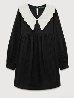 NWOT Zara Black Long Sleeve Dress with White Scalloped Collar xs
